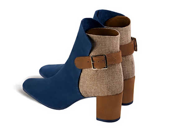 Navy blue, tan beige and caramel brown women's ankle boots with buckles at the back. Square toe. Medium block heels. Rear view - Florence KOOIJMAN